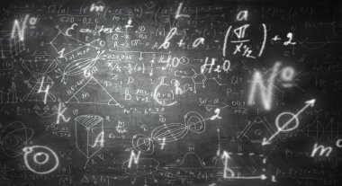 Üzerinde formüller yazılı bir karatahta. Karışık ortam