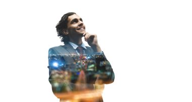 Yakışıklı, kendine güvenen bir iş adamının portresi. Liderlik kavramı. Karışık ortam