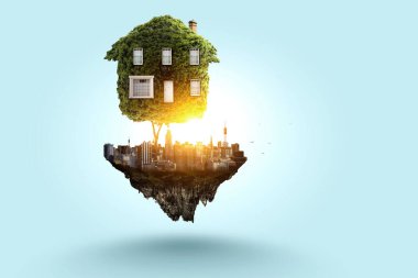 Küçük Eco House yeşil çimen konsepti üzerine. Karışık ortam