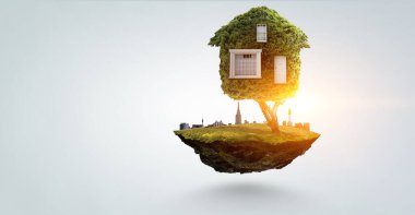 Küçük Eco House yeşil çimen konsepti üzerine. Karışık ortam