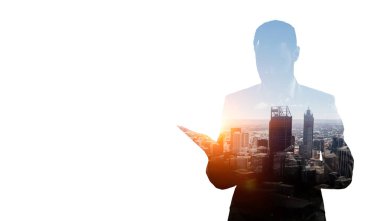 Yakışıklı, kendine güvenen bir iş adamının portresi. Liderlik kavramı. Karışık ortam