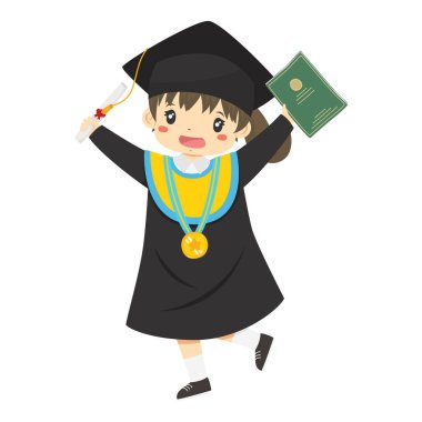 Küçük mutlu kız öğrenci okul karakter vektöründen mezun oldu. Mezuniyet şapkası ve cübbesi giyen Endonezyalı ilkokul öğrencisi elinde mezuniyet diploması ve sertifika tüpü var..