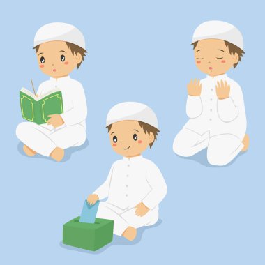Müslüman çocuklar çizgi film vektörü seti. Müslüman çocuk namaz kılıyor, Kuran okuyor ve bağış kutusunda sadaka veriyor.