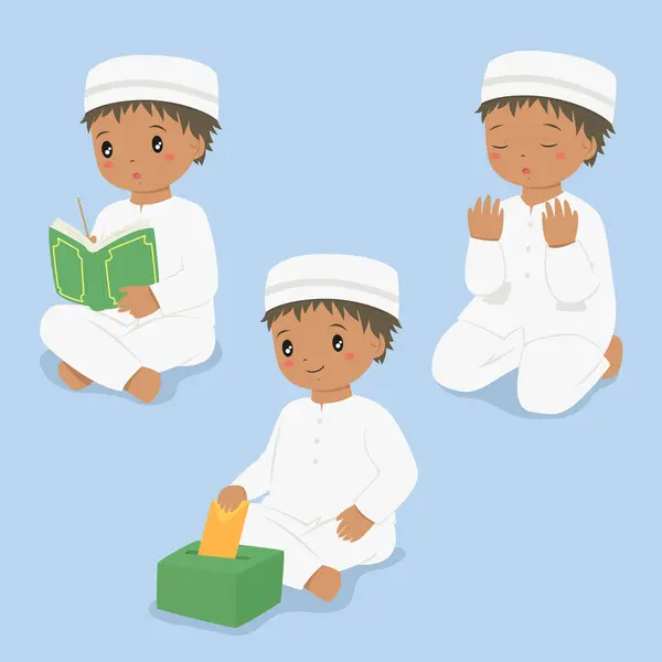 Moslim Afro Amerikaanse Kinderen Tekenfilm Vector Set Moslimjongen Bidt Leest Rechtenvrije Stockillustraties