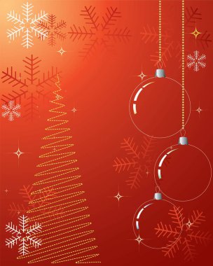 Kırmızı Noel arkaplanı Noel baloları, kar taneleri ve yıldızlarla dolu.
