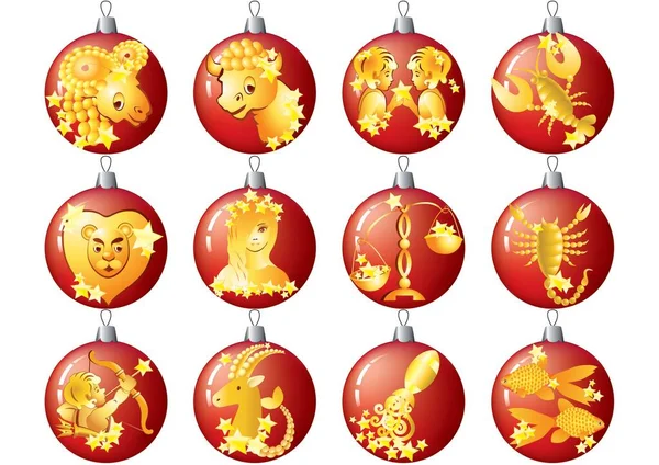 Kırmızı Noel Toplarında Zodiac Işaretleri — Stok Vektör