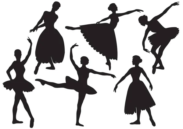 Черные Силуэты Танцующих Балерин Белом Фоне — стоковый вектор