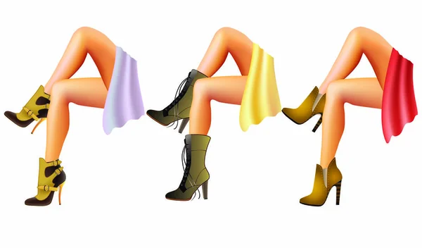 Τρεις Εικόνες Των Ποδιών Των Γυναικών Χρωματιστά Παπούτσια — Διανυσματικό Αρχείο