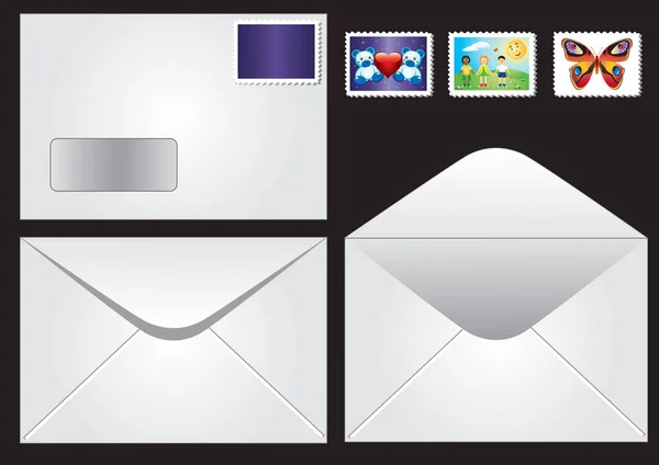 信封闭合 信封打开 邮票盖在黑色背景上 — 图库矢量图片