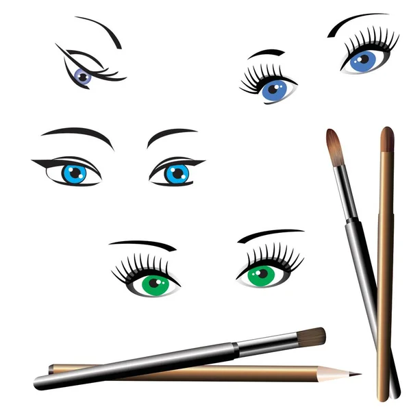 Female Eyes Makeup Brushes White Background — Stock Vector