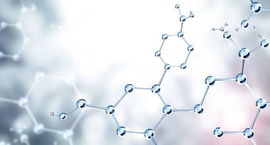 Soyut moleküler yapı modelli yatay pankart. Atom ve kıvılcımlı mavi arkaplan. Metnin için alanı kopyala. 3d hazırlayıcı