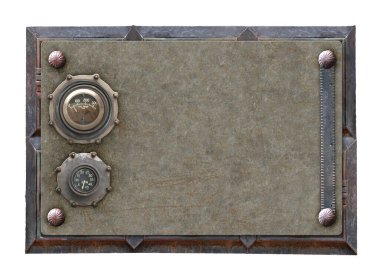 Metalik dikdörtgen çerçeve, klasik metal detaylar ve eski perçinlerle. Beyaz arka planda izole edilmiş. Şablon oluşturun. Uzayı metin için kopyala. Steampunk ve mekanik tasarım için kullanılabilir