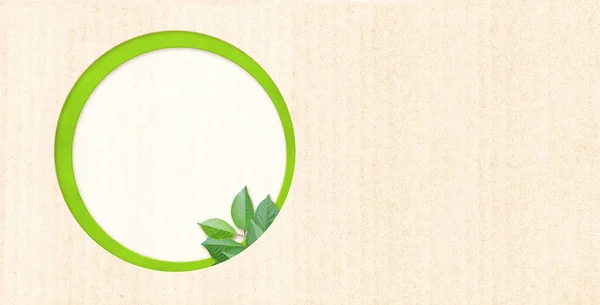 Okrągły Otwór Zielone Liście Tekturowej Fakturze Baner Poziomy Ekologiczną Fakturą — Zdjęcie stockowe