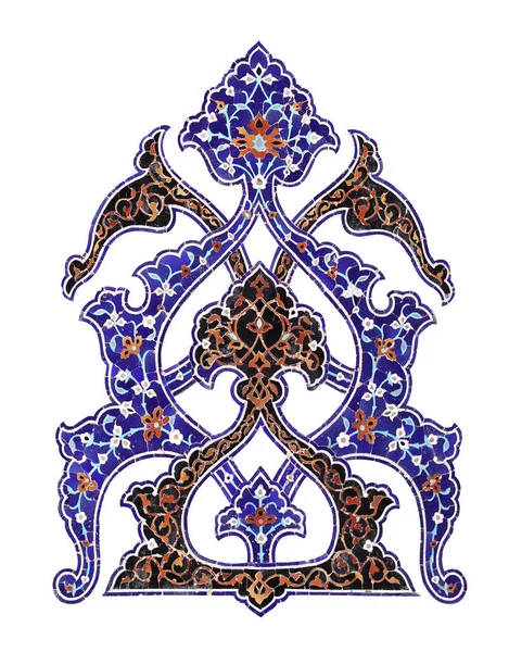 具有花卉和几何装饰的古代马赛克墙壁的细节 陶瓷元素与传统的虹膜瓷砖装饰 因白人背景而被隔离 — 图库照片