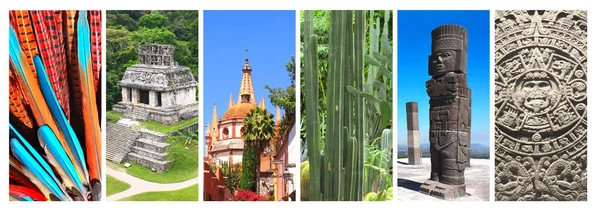 Collection of vertical banners with famous landmarks of Mexico - Archangel church Dome Steeple in San Miguel de Allende, Temples of the Cross Group in Palenque, atlantean in Tula, aztec calendar