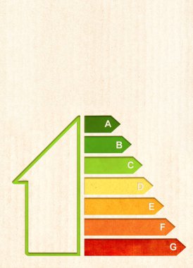 Energy efficiency chart on cardboard texture. Vertical banner with eco paper texture and energy efficiency house symbol. Energy class, bio energetic and ecology concept. Copy space for text