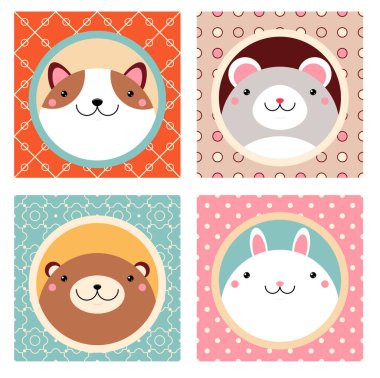 Set of kawaii member icon. Cards with cute cartoon animals. Baby collection of avatars 