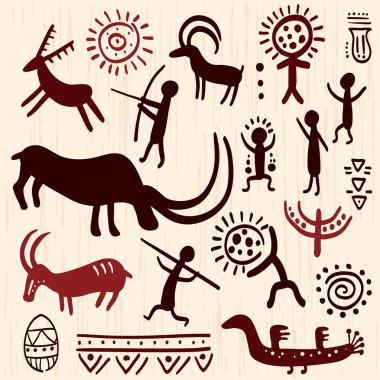 Set with prehistoric rock painting petroglyphs depicting human and animal. Cave art with ancient wild animal, hunter and ornament