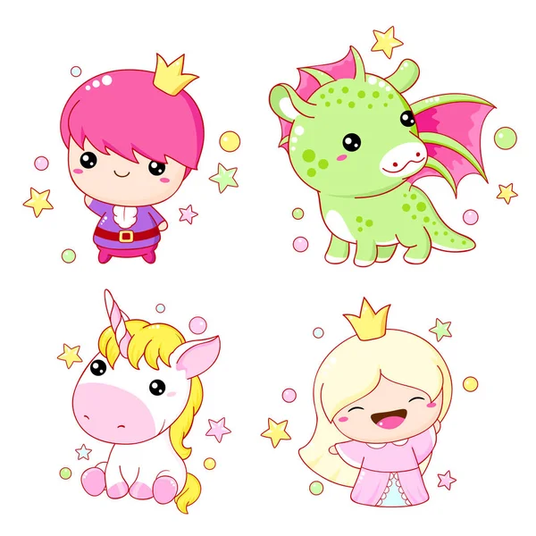 Set Kawaii Fairy Tale Characters Little Princess Prince Unicorn Dragon — Stock vektor