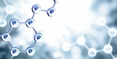 Horizontal banner with model of abstract molecular structure. Background of blue color with glass atom model. Copy space for your text. 3d render