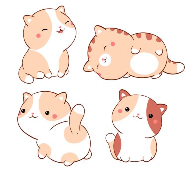 Set of cute fat cats kawaii style. Collection of lovely little kitty in different poses. Can be used for t-shirt print, stickers, greeting card design