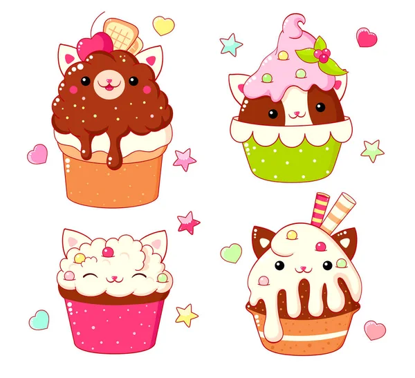 Set Cute Sweet Animal Shaped Desserts Kawaii Style Cat Shaped — Stockvektor