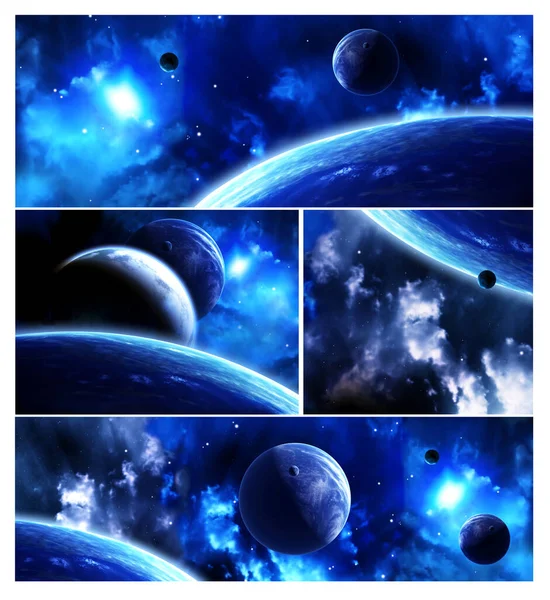 Set of horizontal space banners with planets, nebula and stars. Elements of this images furnished by NASA. 3d render