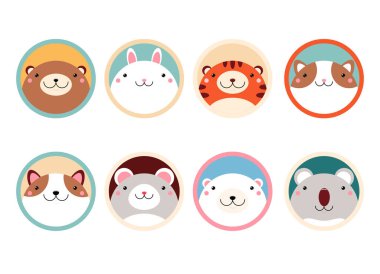 Set of kawaii member icon. Cards with cute cartoon animals. Baby collection of avatars 