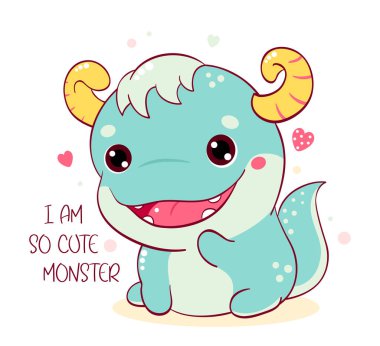 Square card with cute baby monster. Inscription I am so cute monster. Can be used for t-shirt print, invitations, birthday greeting card