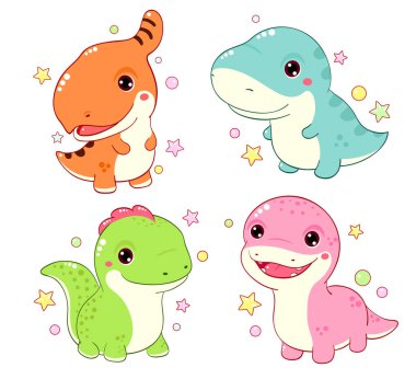 Set of cute dino in kawaii style. Collection of smiling cartoon dinosaurios - tyrannosaurus, saurolophus, diplodocus, velociraptor