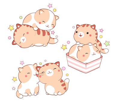 Set of cute fat kitty kawaii style. Collection of two lovely little cats. Can be used for t-shirt print, stickers, greeting card design