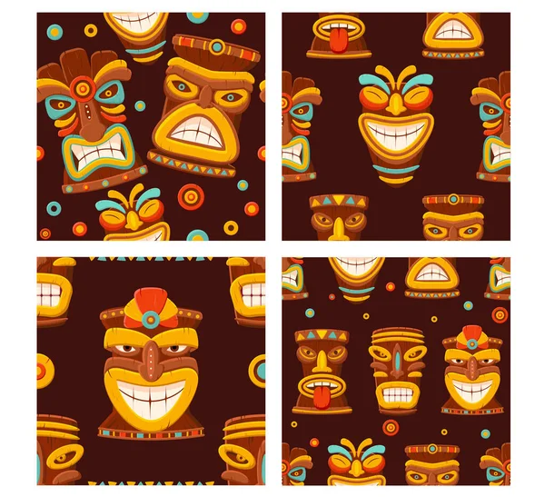 ハワイのティキマスクでシームレスなパターンのセット ポリネシアやアフリカのトーテムとスウォッチのコレクション ウェブページの背景 表面のテクスチャのためのテクスチャ — ストックベクタ