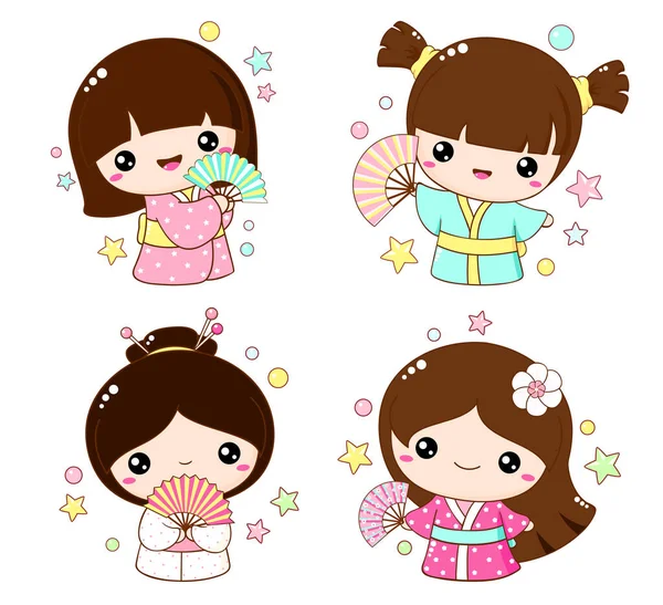 Set Cute Little Girls Fans Kawaii Style Hanami Season Collection — Stock Vector