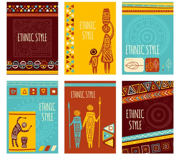 一套少数民族旗帜 带有部落饰物的标语牌 垂直海报 模版卡片 有几何图案的贴纸和猎人的轮廓 有罐子的妇女 — 图库矢量图片