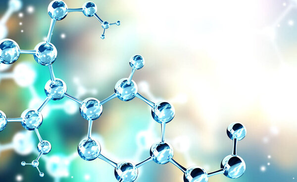 Horizontal banner with model of abstract molecular structure. Background of blue color with glass atom model. Copy space for your text. 3d render