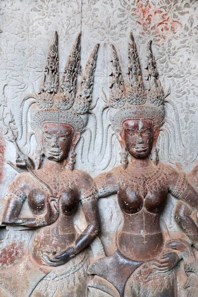 Duvar Oymacılığı Apsara Dansçıları Ünlü Angkor Wat Kompleksi Khmer Kültürü — Stok fotoğraf