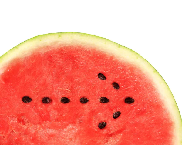 Rode Rijpe Zoete Watermeloen Met Pijl Uit Zaden Geïsoleerd Witte — Stockfoto