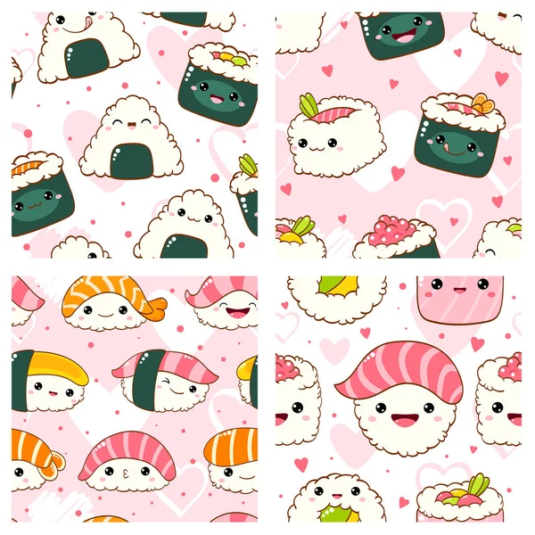 Set Seamless Pattern Cute Sushi Roll Kawaii Style Smiling Face — Stock Vector