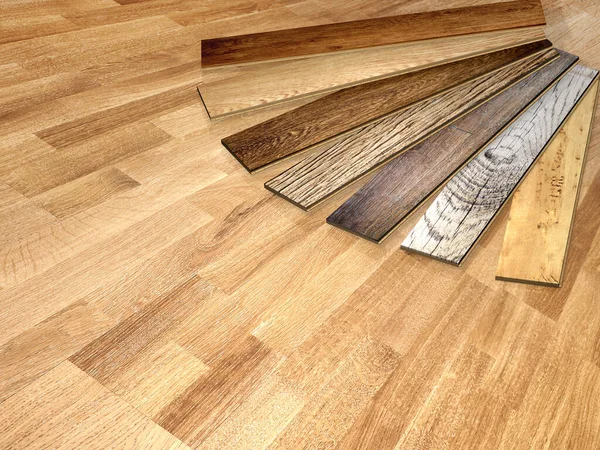 木地板上有不同颜色 不同木材种类的新木地板 复制文本的空间 3D渲染 — 图库照片