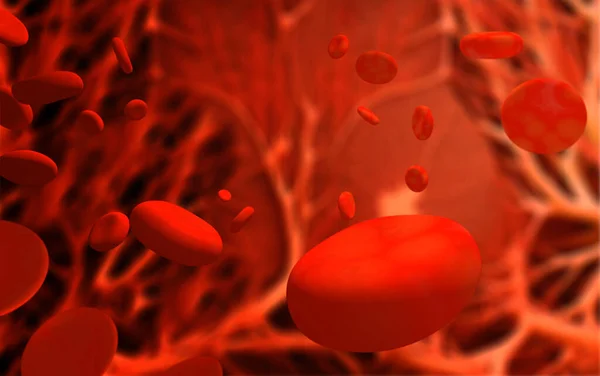 许多红血球在动脉中 血流中有红色紫红色的水平背景 红血球在血管中循环 3D渲染 — 图库照片