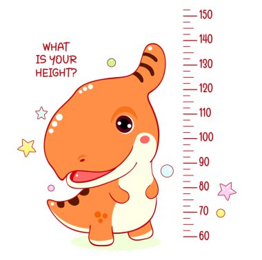 Height chart with kawaii baby dinosaur. Kids meter with cute little dino. Inscription - What is your height? Meter wall or baby scale of growth clipart