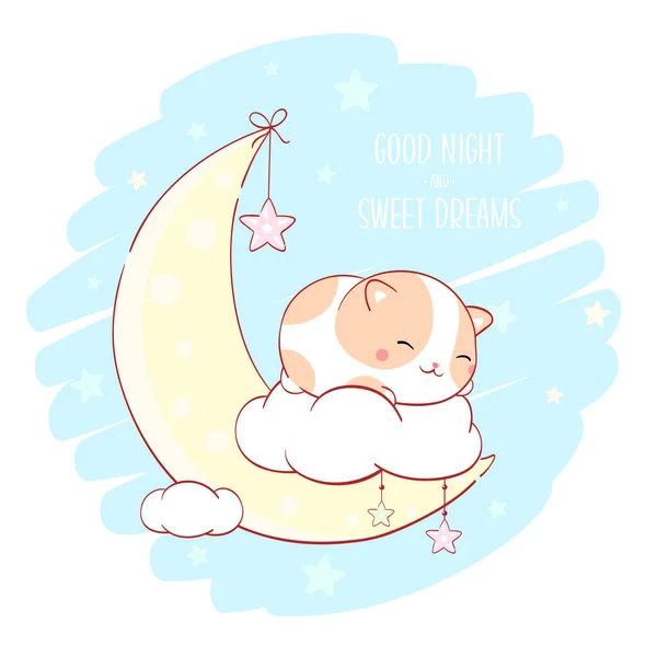 Cute Fat Cat Sleeping Cloud Inscription Good Night Sweet Dreams — Stock Vector