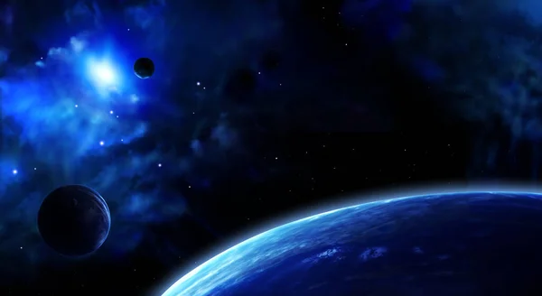 Yatay Galaksi Bayrağı Güneşli Gezegenli Nebulalı Güzel Bir Uzay Sahnesi — Stok fotoğraf