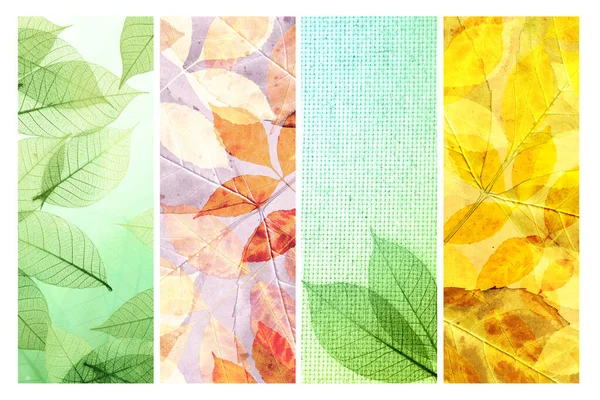 一套垂直或水平的复古自然横幅与秋天的叶子 收集黄色和红色叶及复古帆布和纸张质感的秋季横幅 文本的复制空间 — 图库照片