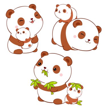 Şirin, şişman panda kawaii tarzı. Farklı pozlarda anne ve bebek pandaların koleksiyonu. Tişört baskısı, çıkartma, tebrik kartı tasarımı için kullanılabilir