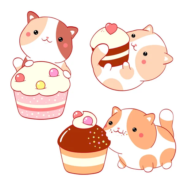 Kawaii Usulü Tatlı Yiyen Küçük Kediler Pasta Kek Krem Şantili — Stok Vektör