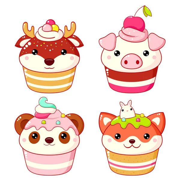Набор Милых Сладких Десертов Форме Животных Стиле Кавайи Торт Кекс — стоковый вектор