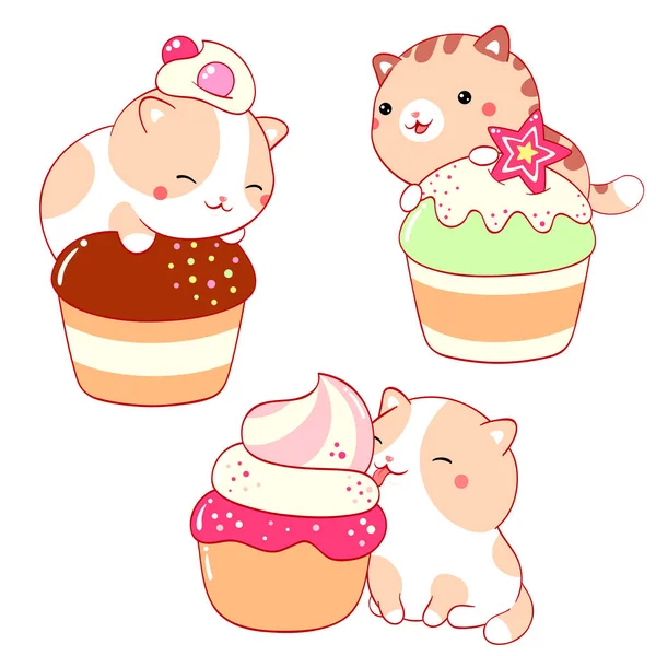 Kawaii Usulü Tatlı Yiyen Küçük Kediler Pastalı Kekli Kremalı Meyveli — Stok Vektör