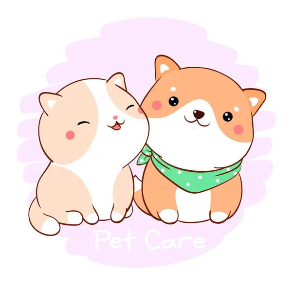 ペットケアの概念 かわいい太った漫画の猫と犬をカワイイスタイルで 素敵な友人子犬と子猫一緒に 愛と友情 — ストックベクタ