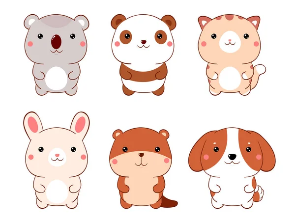 Conjunto Animais Desenhos Animados Gordos Bonitos Estilo Kawaii Coleção Adorável —  Vetores de Stock